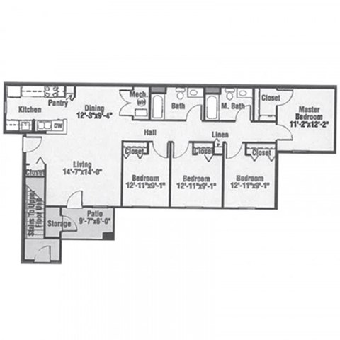 Floor plan for 4 beds, 2 baths, 1366 sqft